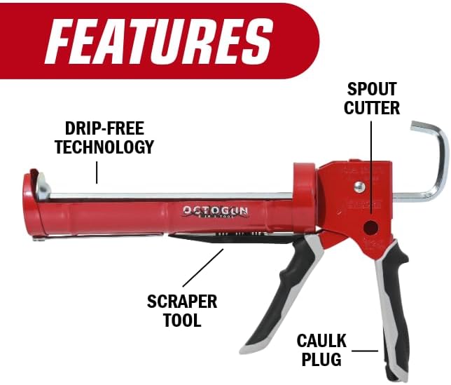 Newborn Octogun 930-GTD Drip-Free Caulking Gun - Gator Trigger Grip | Fits 1/10 Gallon Cartridge |10:1 Thrust Ratio | Smooth Hex Rod Cradle with Built-in Smoother Tool | Scraper & Plug Included