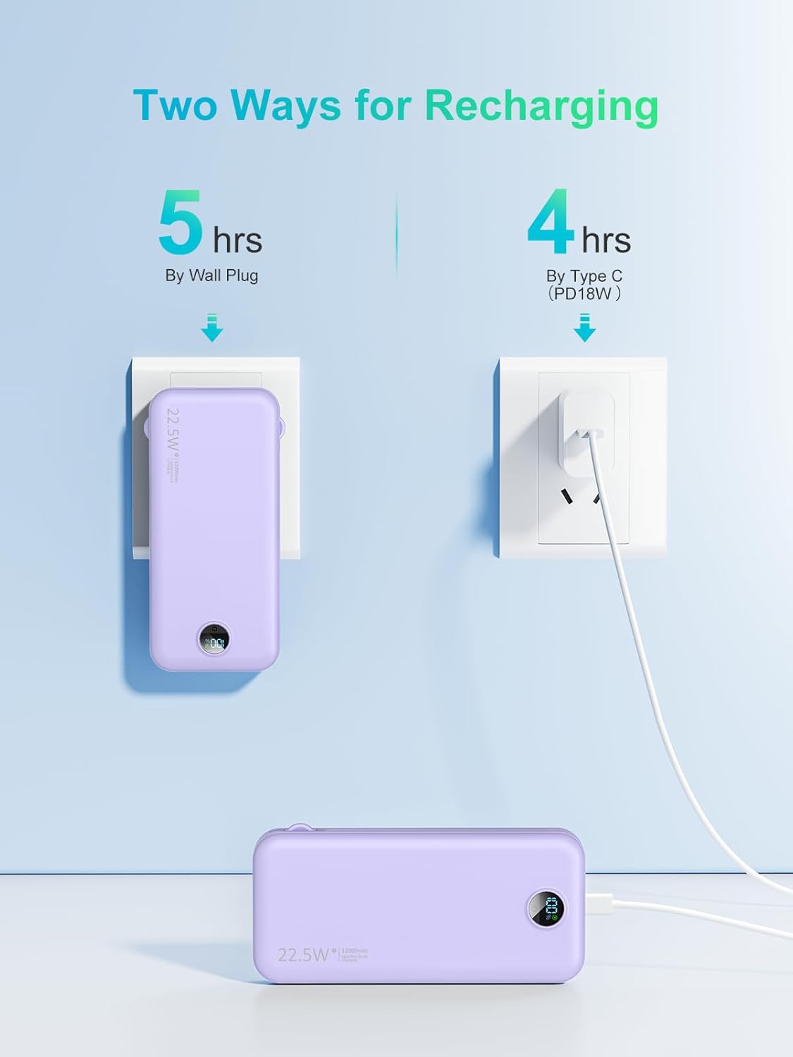Portable Charger 10000mAh PD20W w/Built-in Cables & Wall Plug Purple