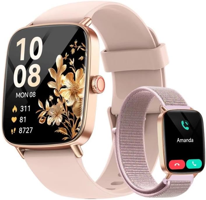 Smart Watch for Women, 1.85" HD Smartwatch Compatible iPhone/Samsung/Android (Answer/Make Calls), 100+ Sport Modes Fitness Tracker with Heart Rate/Sleep/SpO2 Monitor, IP68 Waterproof, with 2 Bands