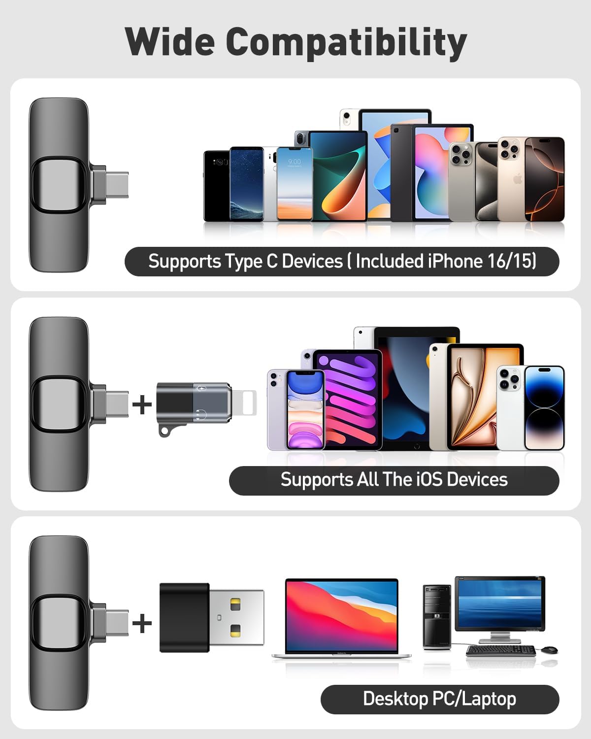 PoP voice USB C Mini Microphone for iPhone 16/15/14/Android, Wireless Lavalier Microphone with Noise Reduction, Lapel Lav Mic for Vlog YouTube TikTok Recording, 12H, 65ft
