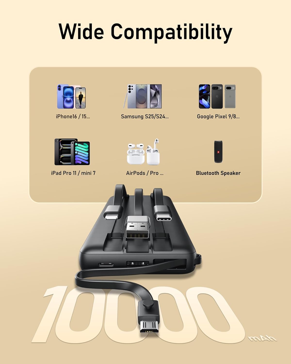 VEEKTOMX 10000mAh Portable Charger with 4 Built-in Cables | Slim Power Bank, USB-C Battery Pack with iPhone & Micro USB, TSA Approved Travel Charger for iPhone, Samsung, Android, Black