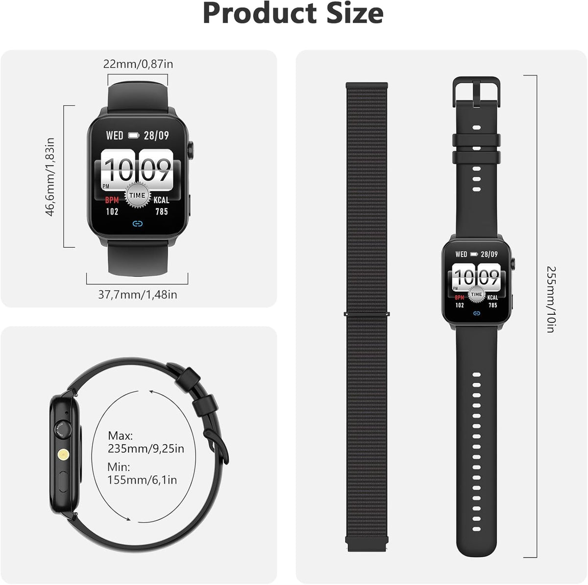 Blackview Smart Watch for Men Women,1.91" HD Touchscreen Fitness Watch with Flashlight, Bluetooth Notifications/Make Calls, Heart Rate/Sleep Monitor/2 Straps, Fitness Watch for Android/iPhone