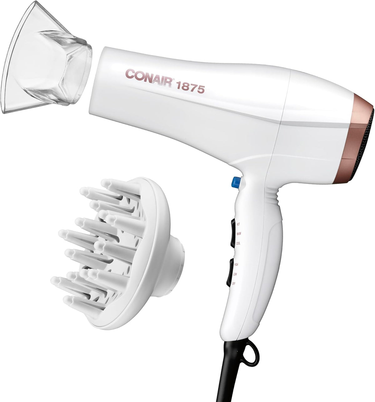 Conair Double Ceramic Ionic Hair Dryer, 1875W Blow Dryer with Diffuser & Concentrator (White)
