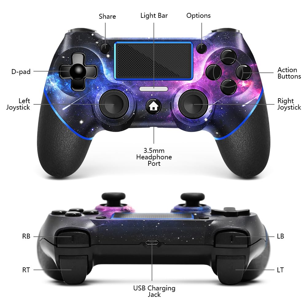 AceGamer Wireless Controller for PS4 – Custom V2 Gamepad with Non-Slip Grip, 3.5mm Audio Jack & Thumb Caps (Galaxy Design)