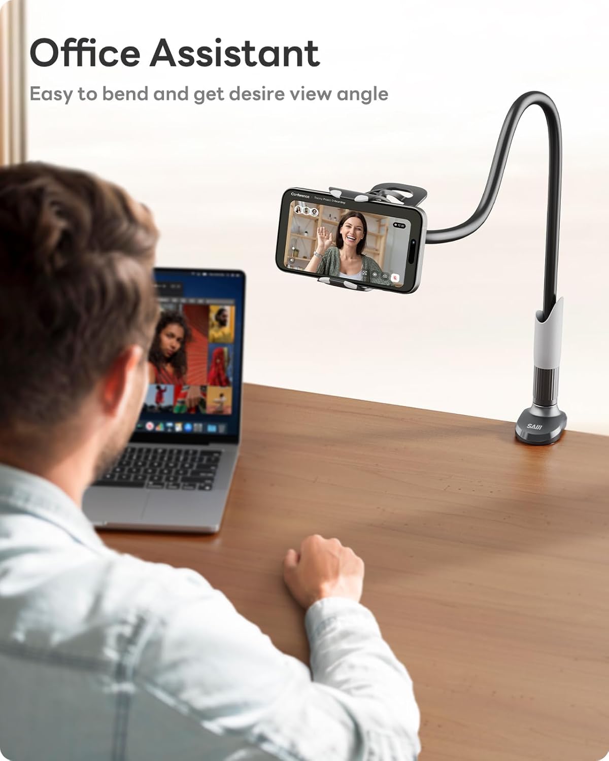 SAIJI Gooseneck Bed Phone Holder – Flexible Long Arm Clamp Stand for Desk & Bed (Black)