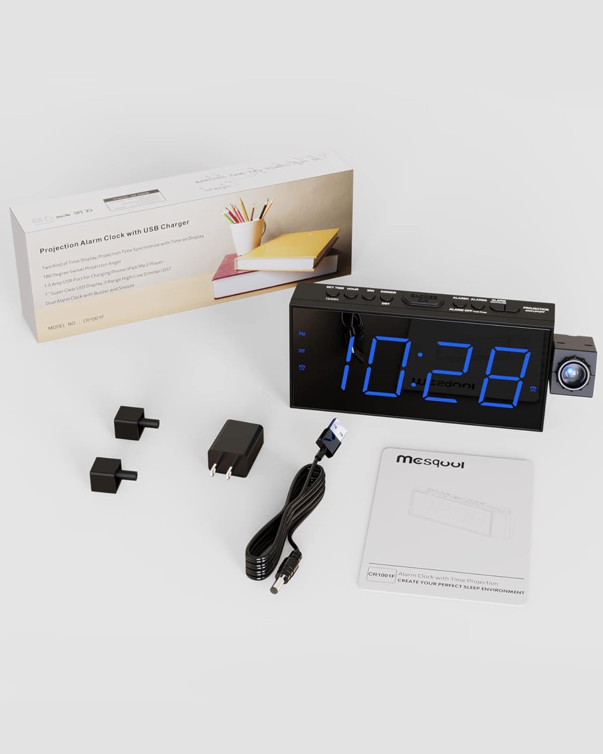 Digital Projection Alarm Clocks for Bedrooms - Large LED Display, 180Β° Rotatable Projector, 5-Level Dimmer,USB Charger,Battery Backup,Loud Dual Alarms for Kids Elderly,Heavy Sleepers,Snooze,12/24H,DST