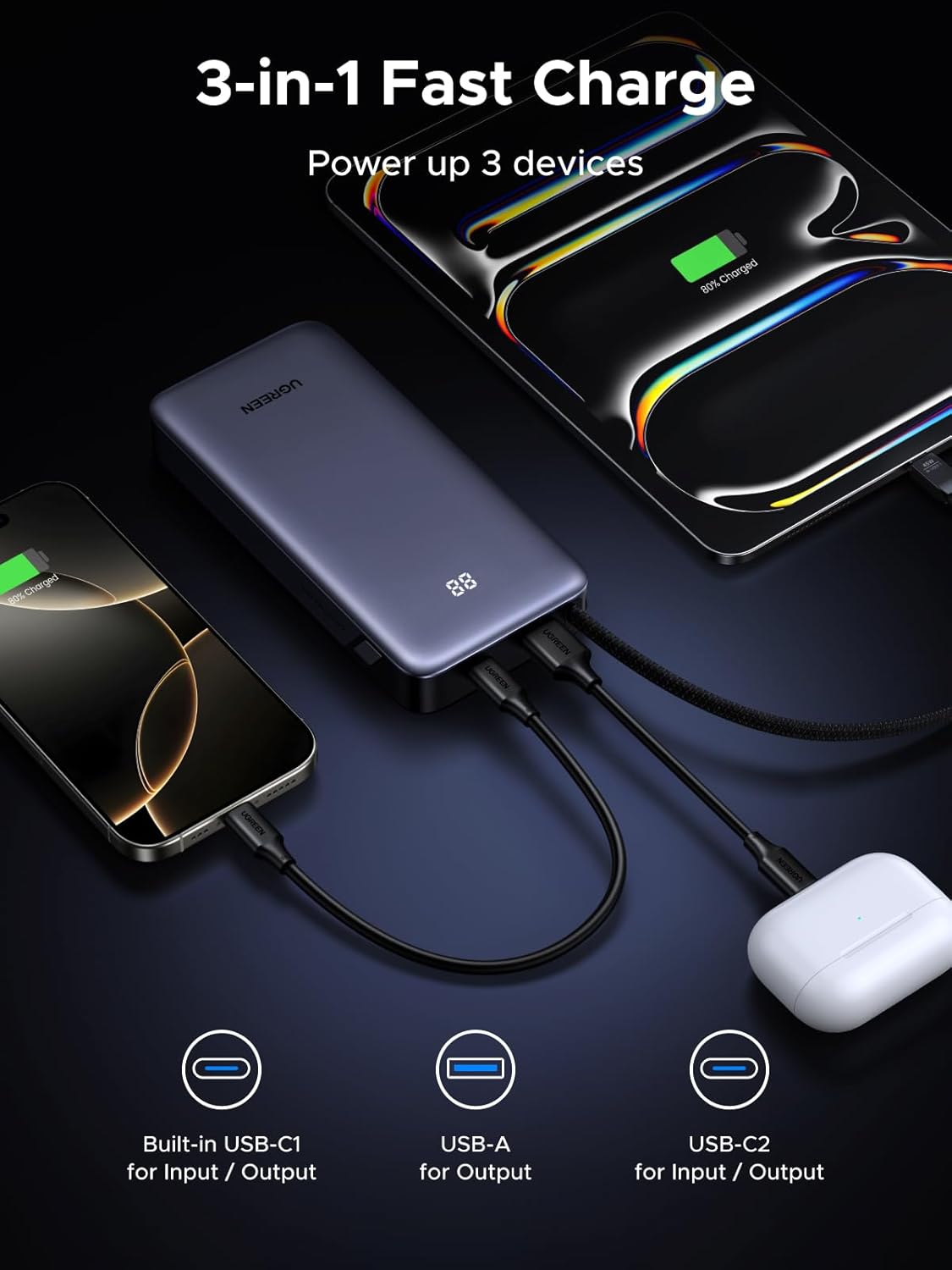 UGREEN Nexode Power Bank 20000mAh 45W with Built-in Cable, Fast Charging Portable Charger for iPhone 17 Pro/Samsung S25 Ultra/iPad Pro, 3-Port External Battery Pack with Digital Display, Travel Ready