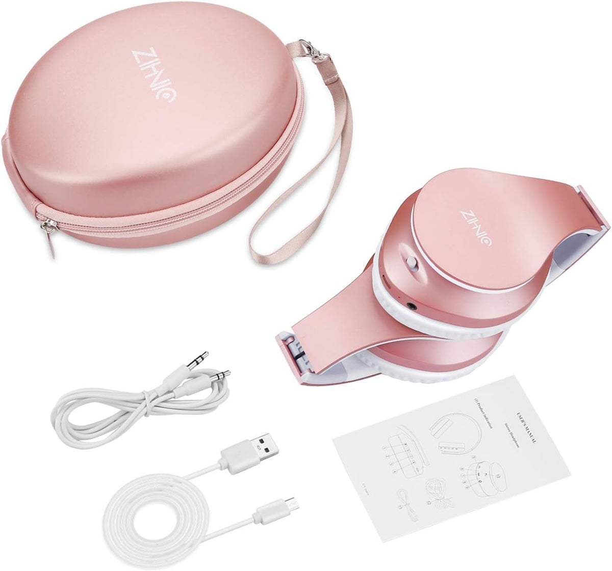 ZIHNIC Bluetooth Headphones Over-Ear – Foldable Wireless & Wired Stereo Headset, FM & Micro SD, Lightweight Rose Gold