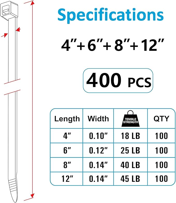 Zip Ties Assorted Sizes(4”+6”+8”+12”), 400 Pack, Black Cable Ties, UV Resistant Wire Ties by ANOSON - Cart Shape