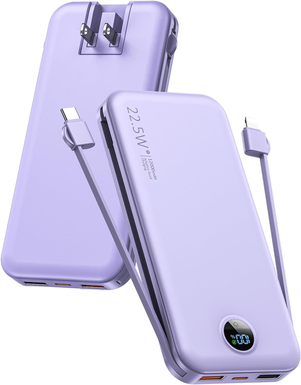 Portable Charger 10000mAh PD20W w/Built-in Cables & Wall Plug Purple
