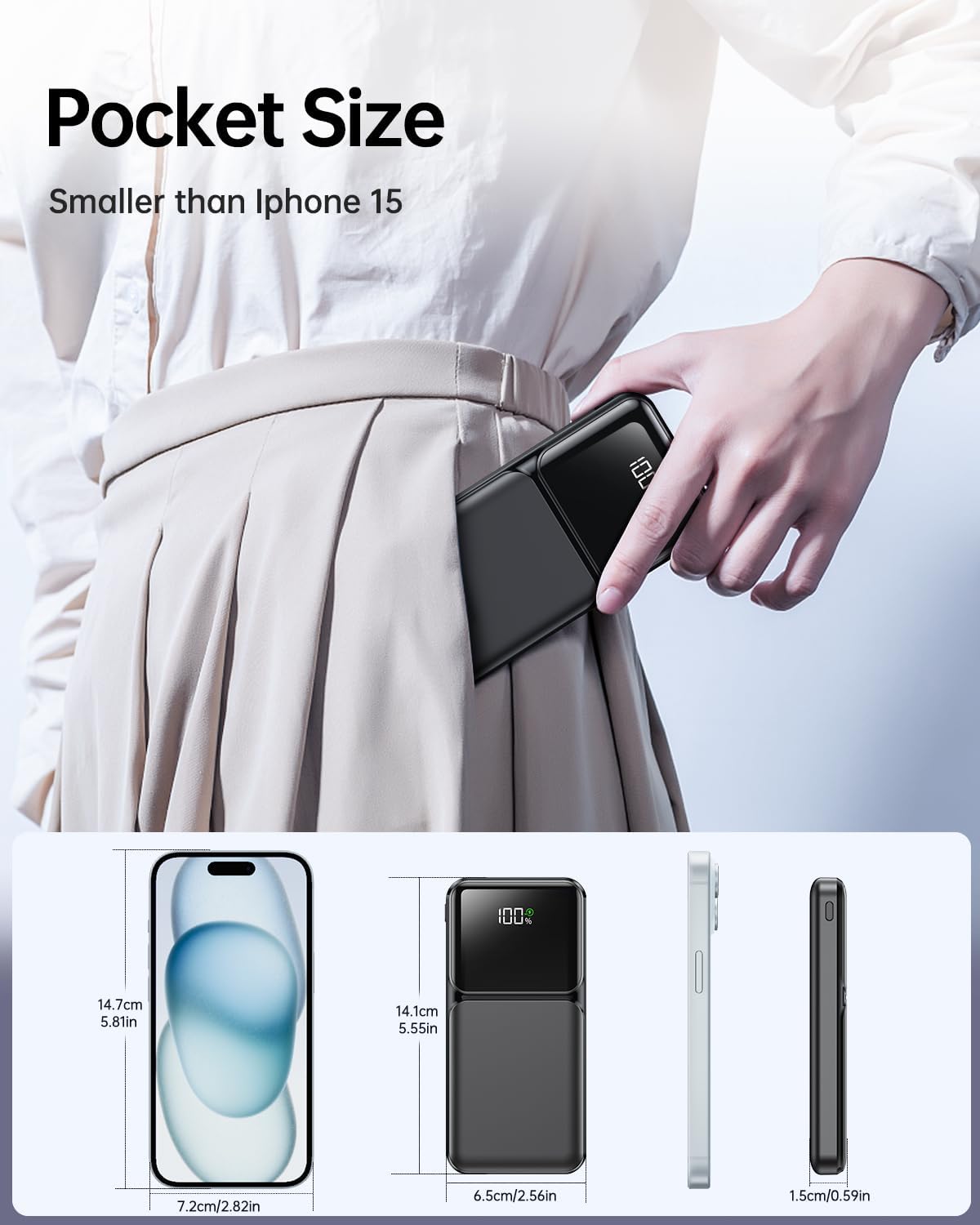 Portable Charger with Built in Cable - Power Bank Fast Charging USB C LED Display 10000mah Battery Pack 5 Outputs & 3 Inputs for Travel Essentials iPhone Samsung Android Phones Tablets Black