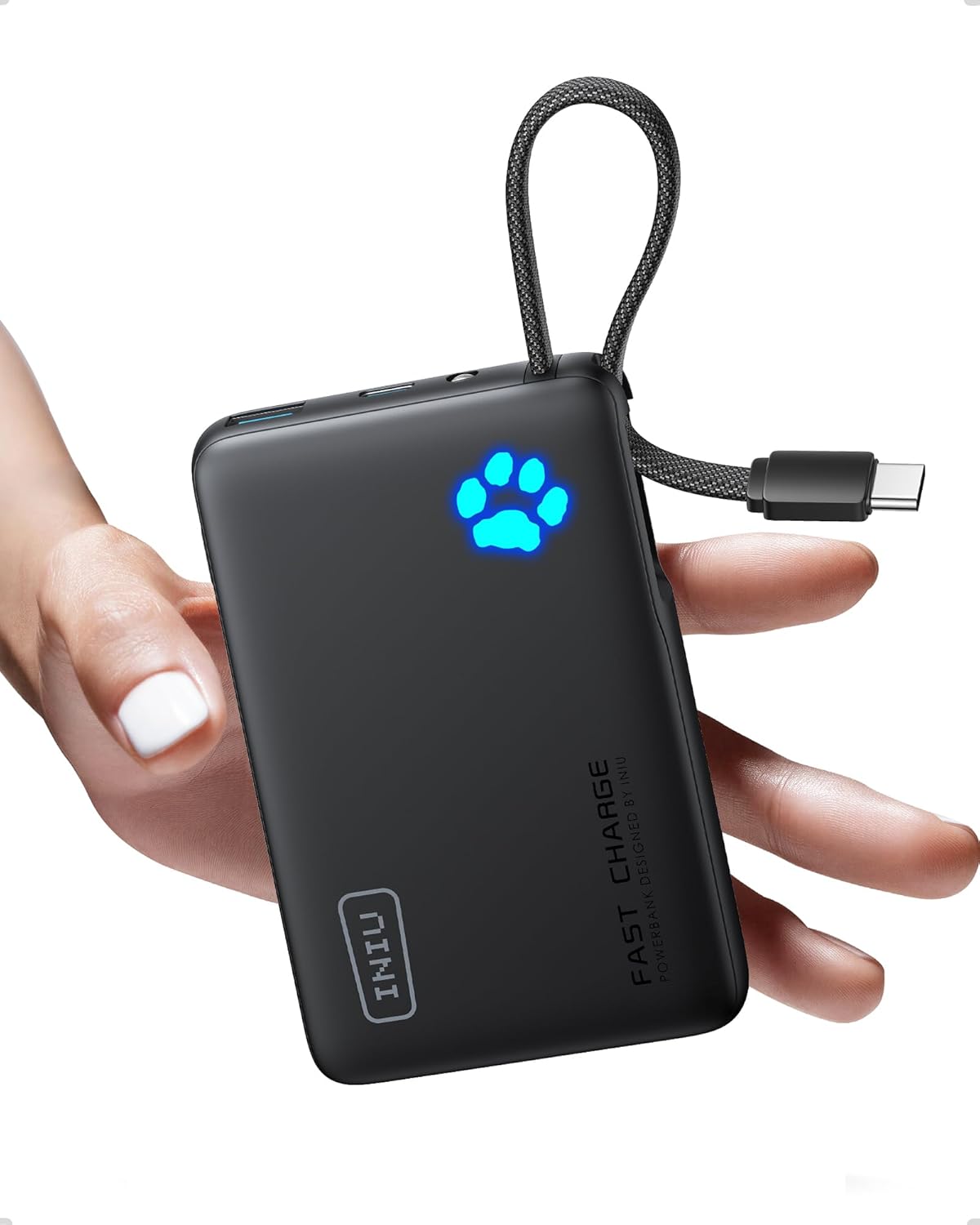 INIU 45W Power Bank, Fast Charging Portable Charger with Built-in USB C Cable, 10000mAh Small Type C Powerbank, Battery Pack for iPhone 17 16 15 14, iPad, Samsung S25 S24 etc Travel Camping Essentials