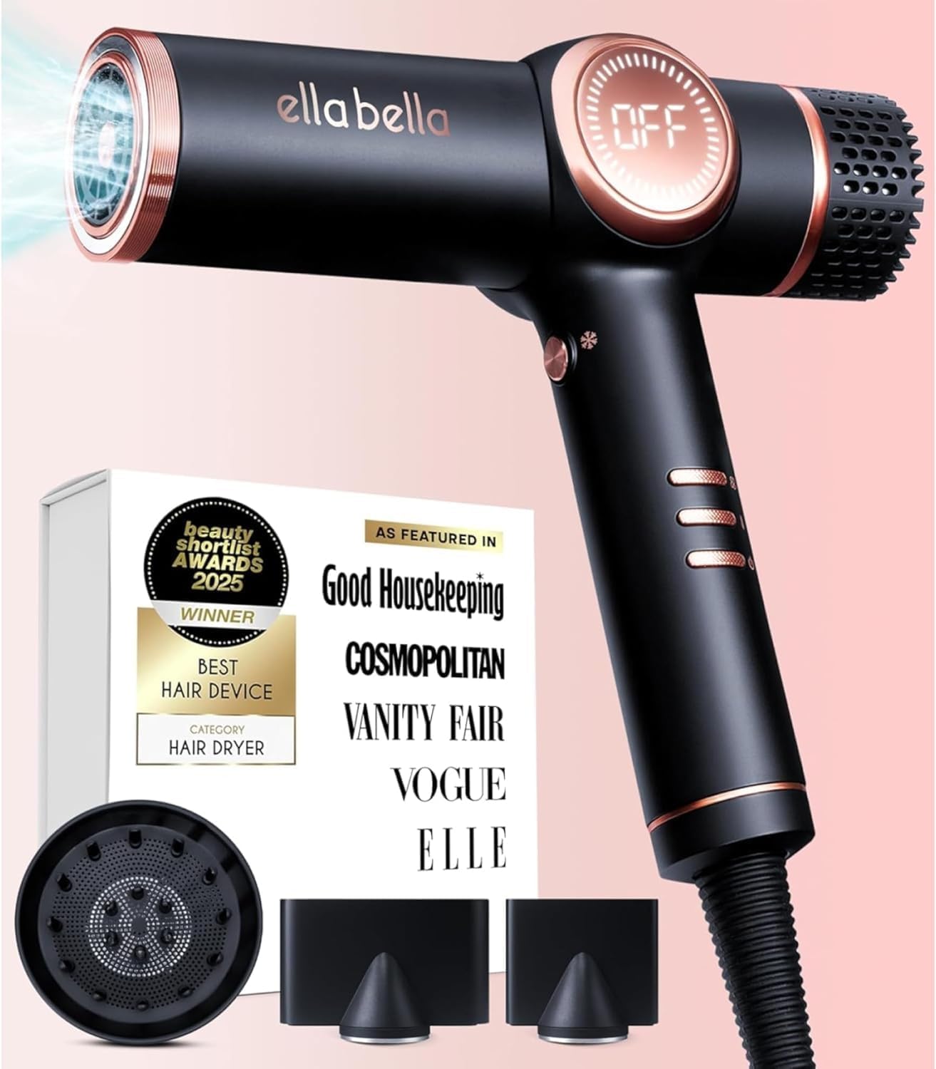 Professional Ionic Hair Dryer with Diffuser • Negative Ion Blow Dryer • Suitable All Hair Types • Intelligent Heat Control & Rapid Drying Speeds • Lightweight Design • Low Noise Technology