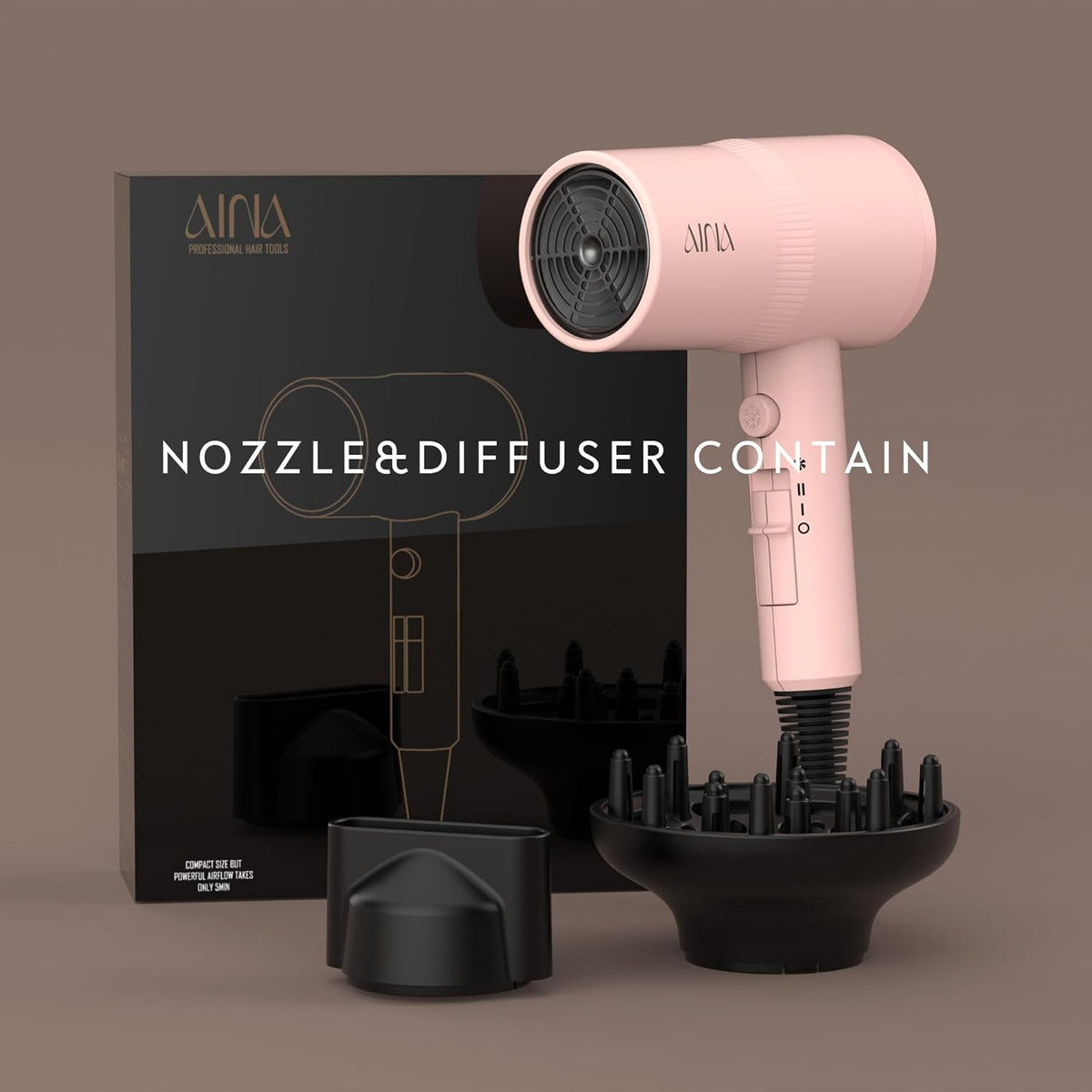 AINA Ionic Hair Dryer with Diffuser, Ceramic Blow Dryer with Cold Shot & Turbo Heat (Babe Pink)