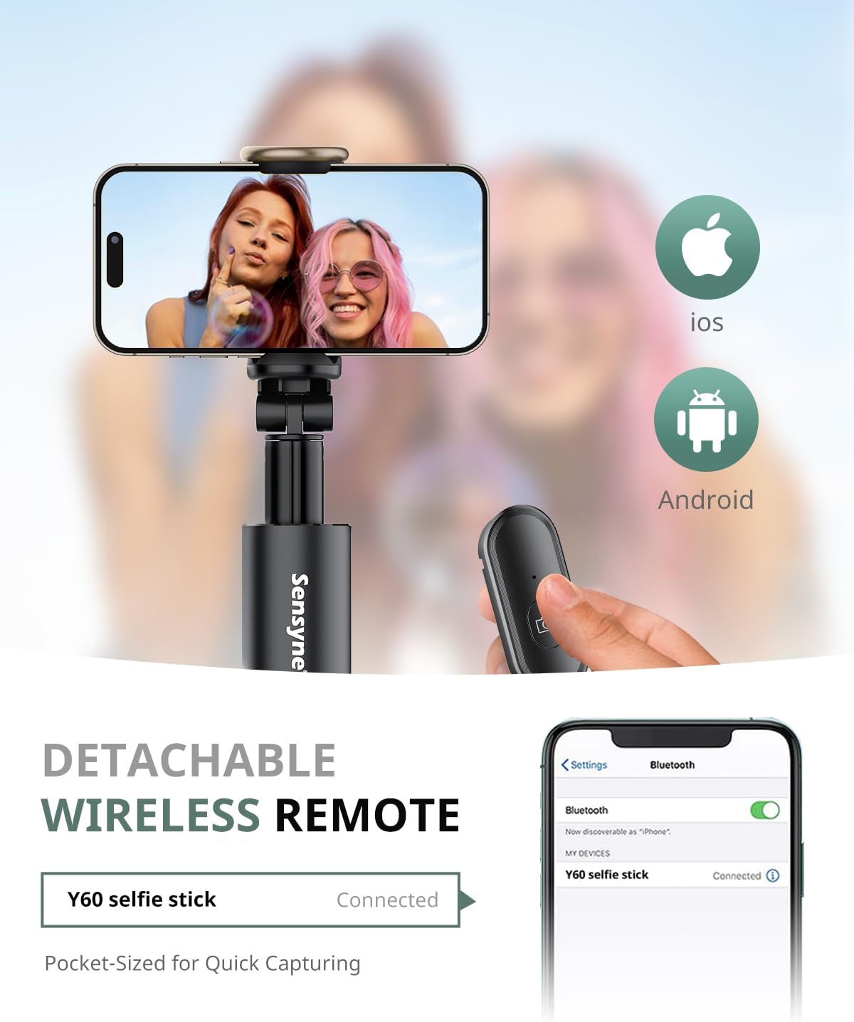 Sensyne 60" Phone Tripod - Selfie Stick, Lightweight All in One Phone Tripod Integrated with Wireless Remote Compatible with All Cell Phones for Selfie/Video Recording/Photo/Live Stream/Vlog(Black)