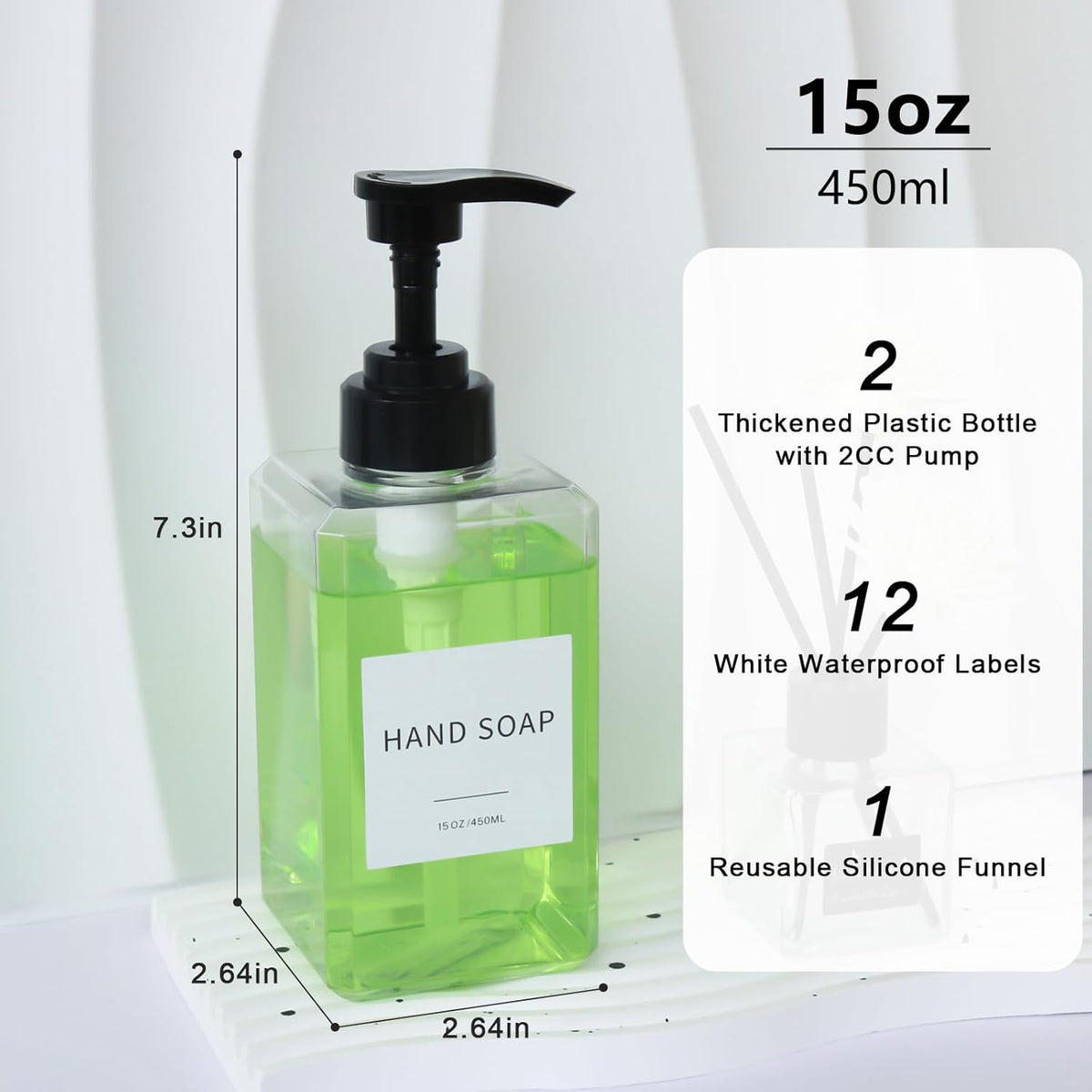 Clear Soap Dispenser with Waterproof Labels, Thickened Plastic Hand Soap Dispenser for Bathroom, Kitchen Dish Washing Liquid Bottles, Shampoo and Conditioner Bottles with Funnel (15oz 2Pack Clear)
