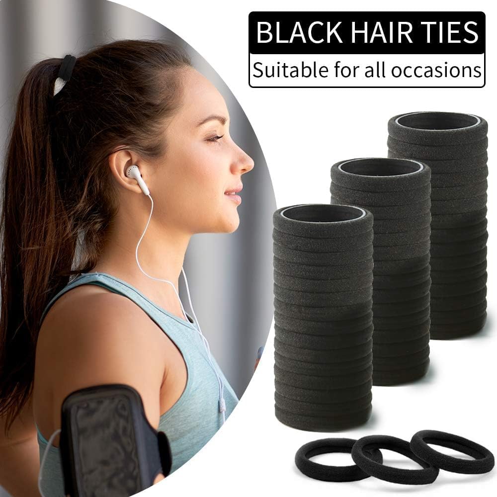 100PCS Black Hair Ties for Women Girls, Seamless Thick Black Hair Band, Elastic Hair Ties No Damage Ponytail Holder Christmas Gift