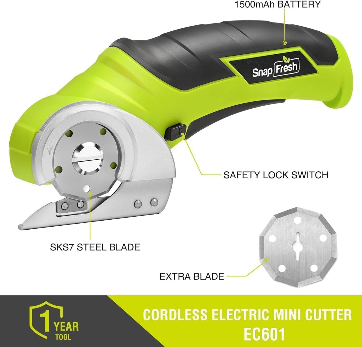 SnapFresh Cordless Electric Scissors, 4V Electric Mini Box Cutter, Carpet & Cardboard Cutter Tool with a Replacement Blade/Charger, Rotary Cutter for Cardboard Packages Leather Plastic (Green)