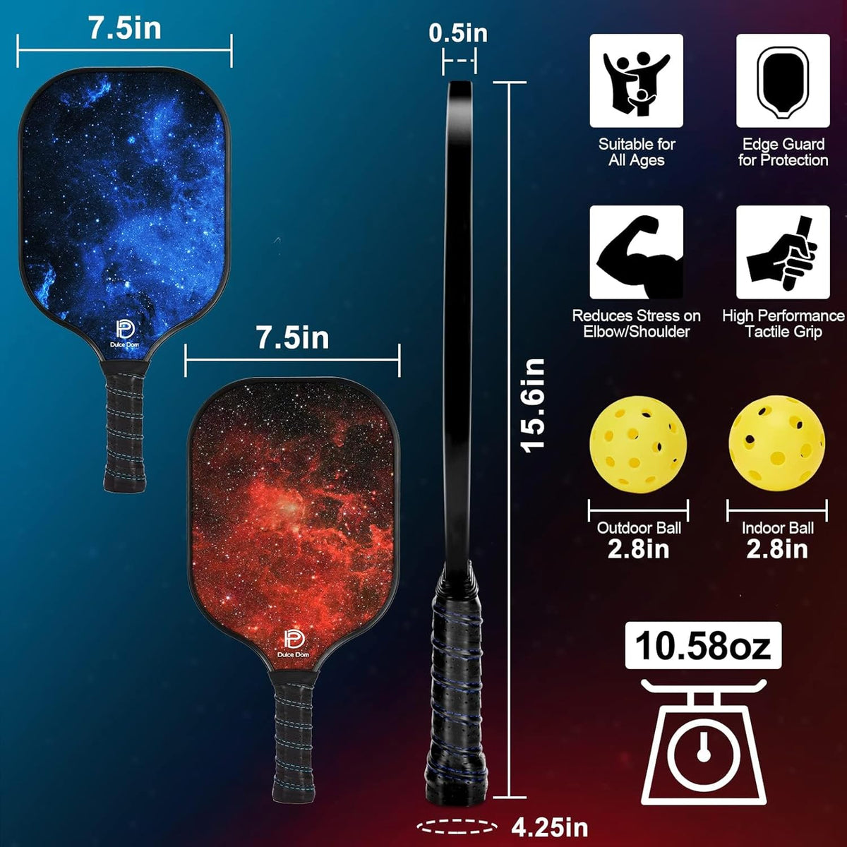 Dulce DOM Pickleball Paddles Set of 2/4 - USAPA Approved, 4 Indoor Outdoor Pickleball Balls, Fiberglass Surface Paddle Racket with Cover Bag, Ideal Training Equipment Gift for Men & Women