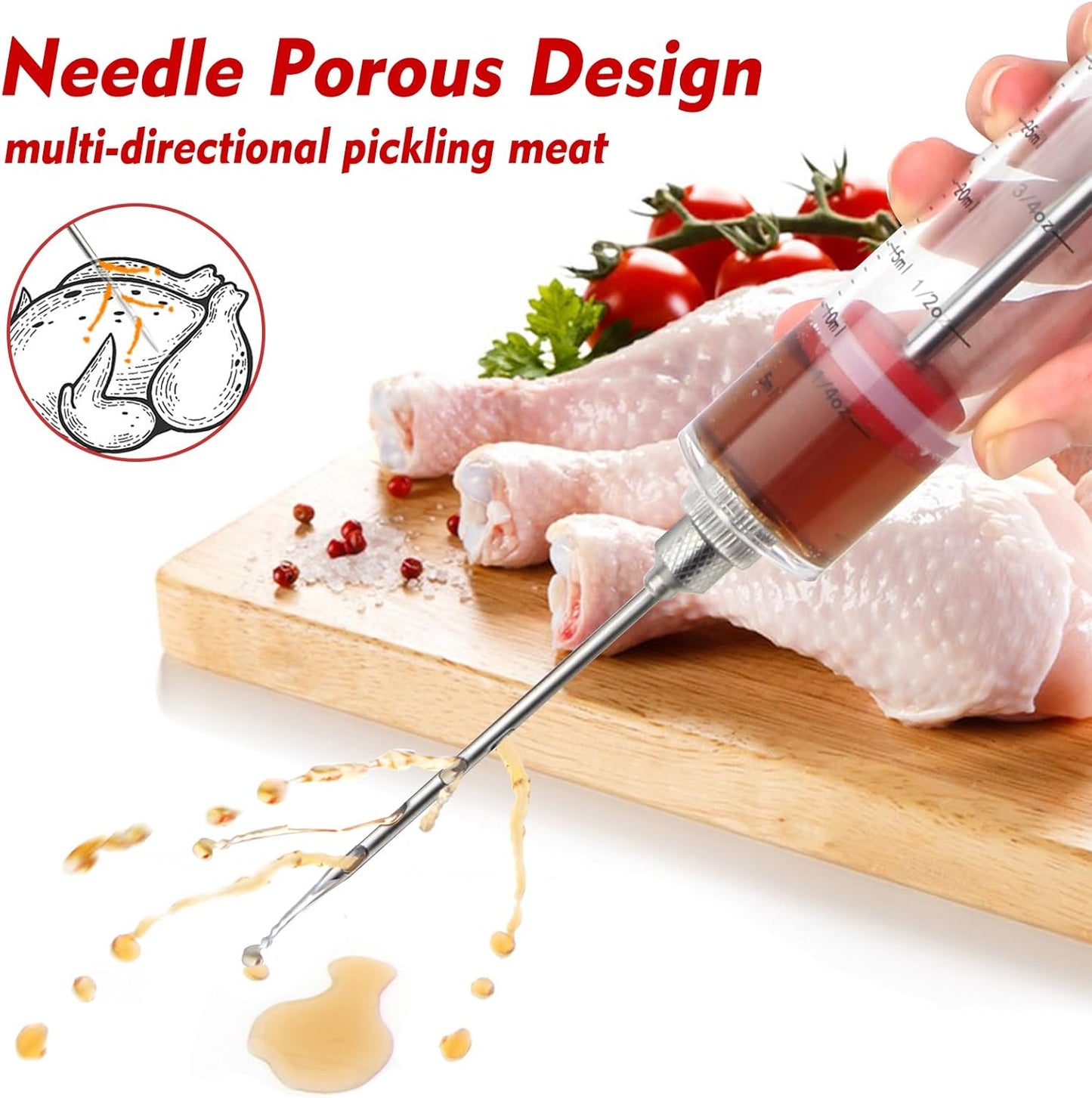 Meat Injector, 1-oz Plastic BBQ Marinade Injector Kit, Turkey Injector Syringe (3 Stainless Steel Meat Needles +3 Replacement O Rings + 1 Cleaning Brush) for Turkey Smoked BBQ Grill