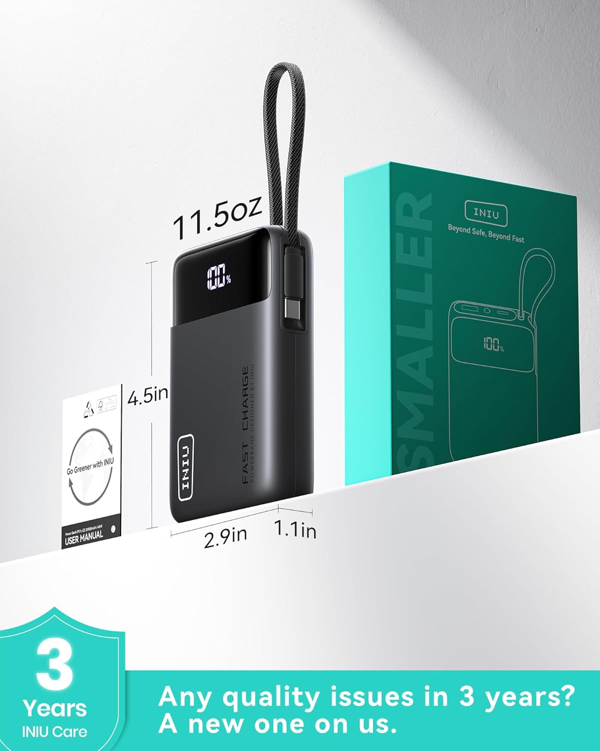 INIU 45W Portable Charger, Smallest 20000mAh Power Bank with Build in USB-C Cable, Fast Charging USB C in&Out Battery Pack, Travel Phone Charger for iPhone 17 16 15 Air Samsung S25 S24 Google iPad etc