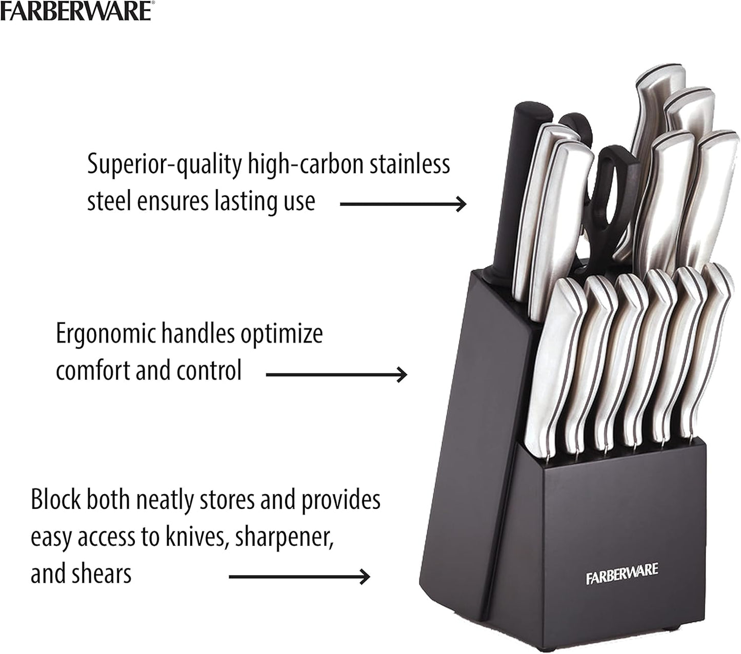 FARBERWARE 15-Piece Kitchen Knife Set with High-Carbon Stainless Steel Blades, Black Handles, Steak Knives, Wood Block, Razor Sharp and Ergonomic