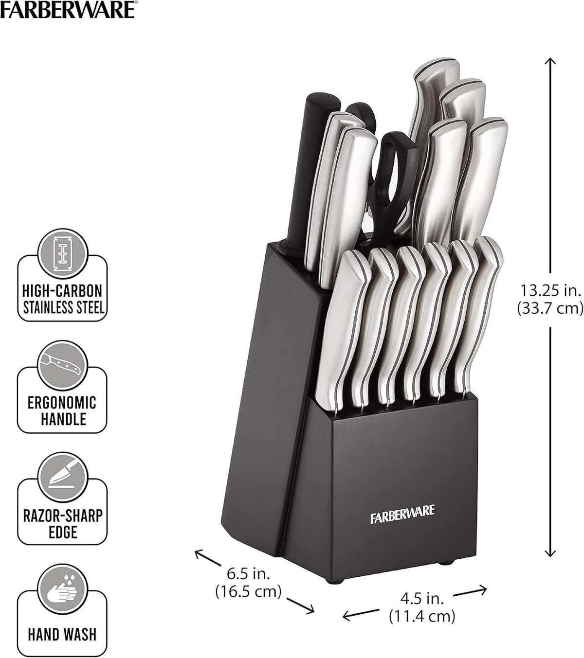 FARBERWARE 15-Piece Kitchen Knife Set with High-Carbon Stainless Steel Blades, Black Handles, Steak Knives, Wood Block, Razor Sharp and Ergonomic