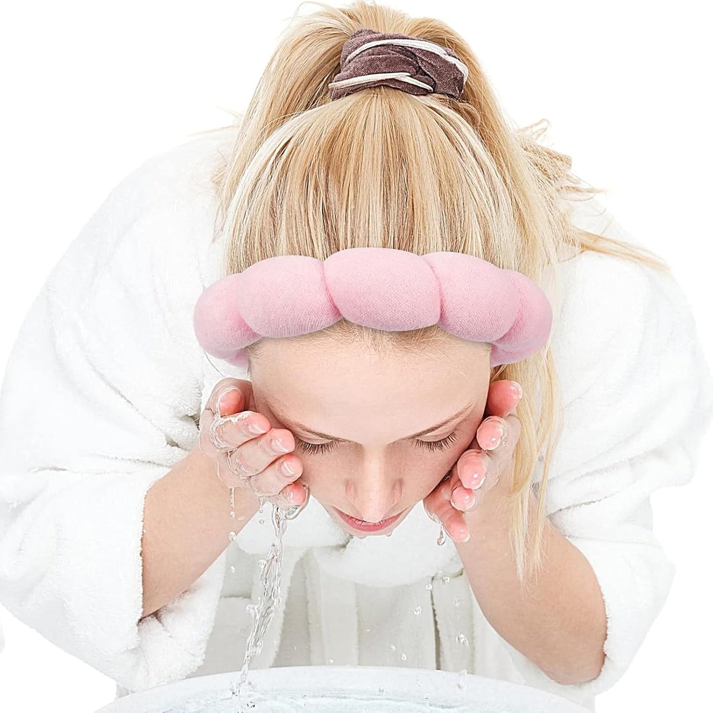 Zkptops Spa Headband for Washing Face Wristband Sponge Makeup Skincare Headband Terry Cloth Bubble Soft Get Ready Hairband for Women Girl Puffy Padded Headwear Non Slip Thick Hair Accessory(Pink)