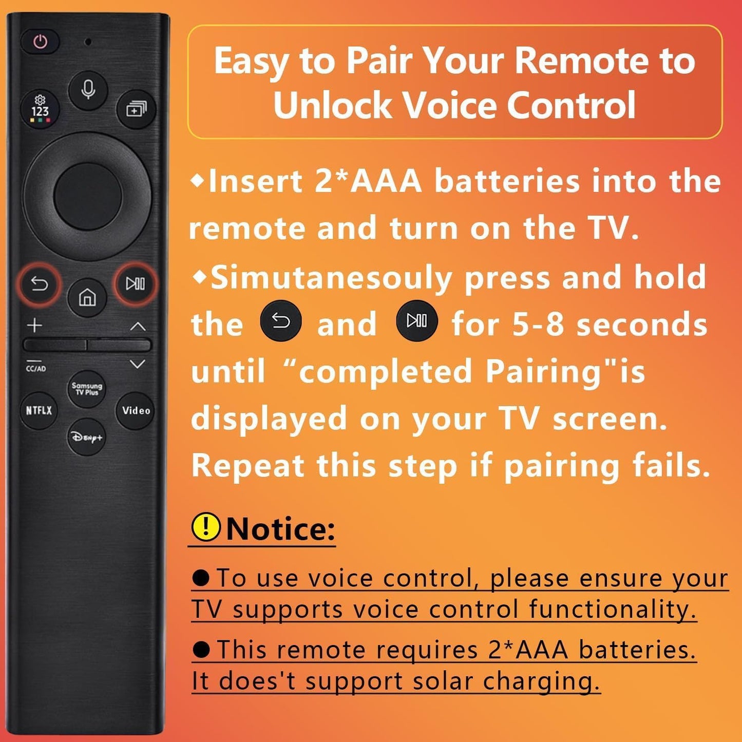 Replacement Remote for Samsung Smart TV (2019–2025), Voice Control Compatible, No Solar Cell