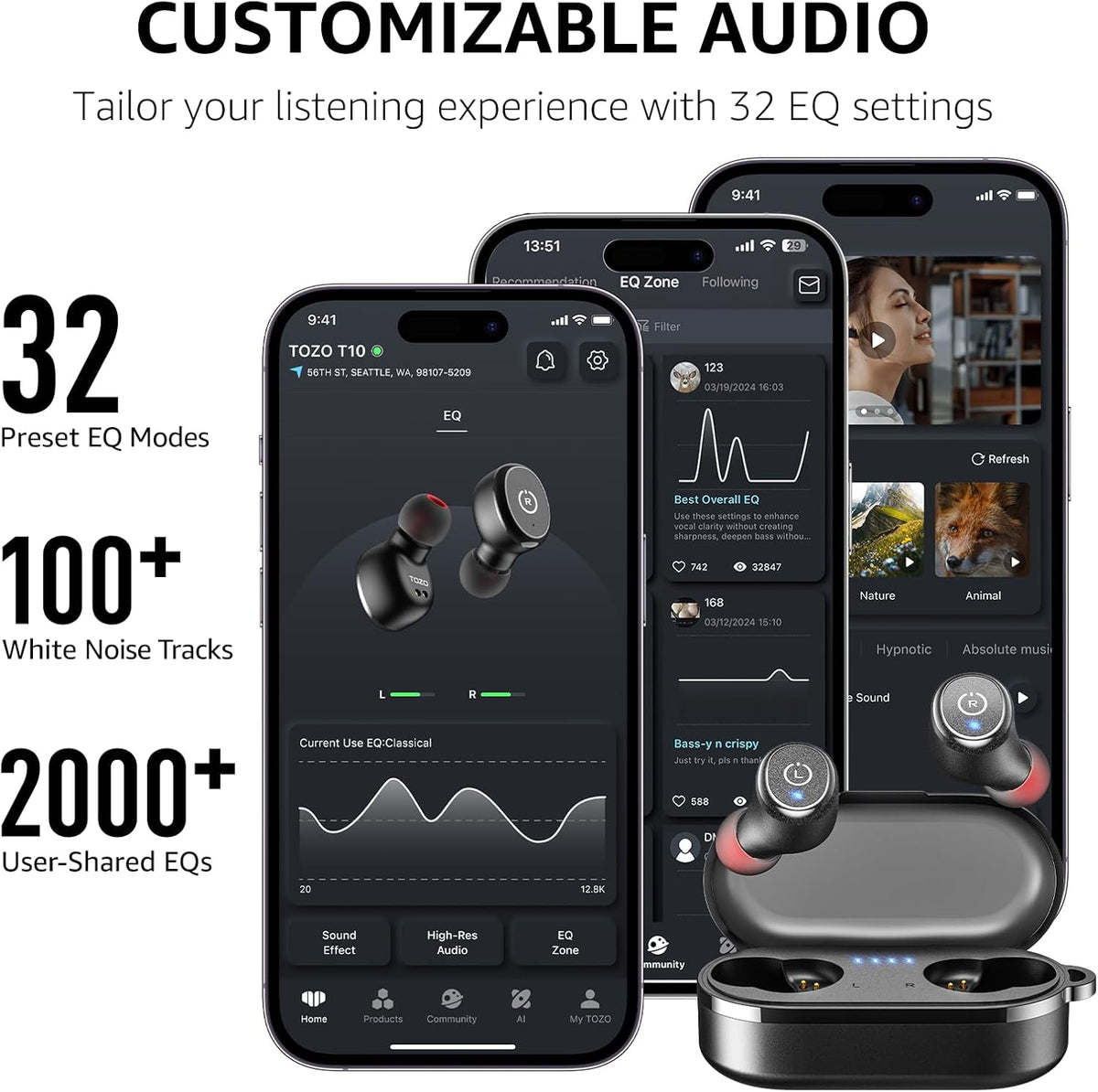 TOZO T10 Wireless Earbuds Bluetooth 5.3 Headphones, App Customize EQ, Ergonomic Design, 55H Playtime, Wireless Charging Case, IPX8 Waterproof Sound in-Ear Headset, New Version