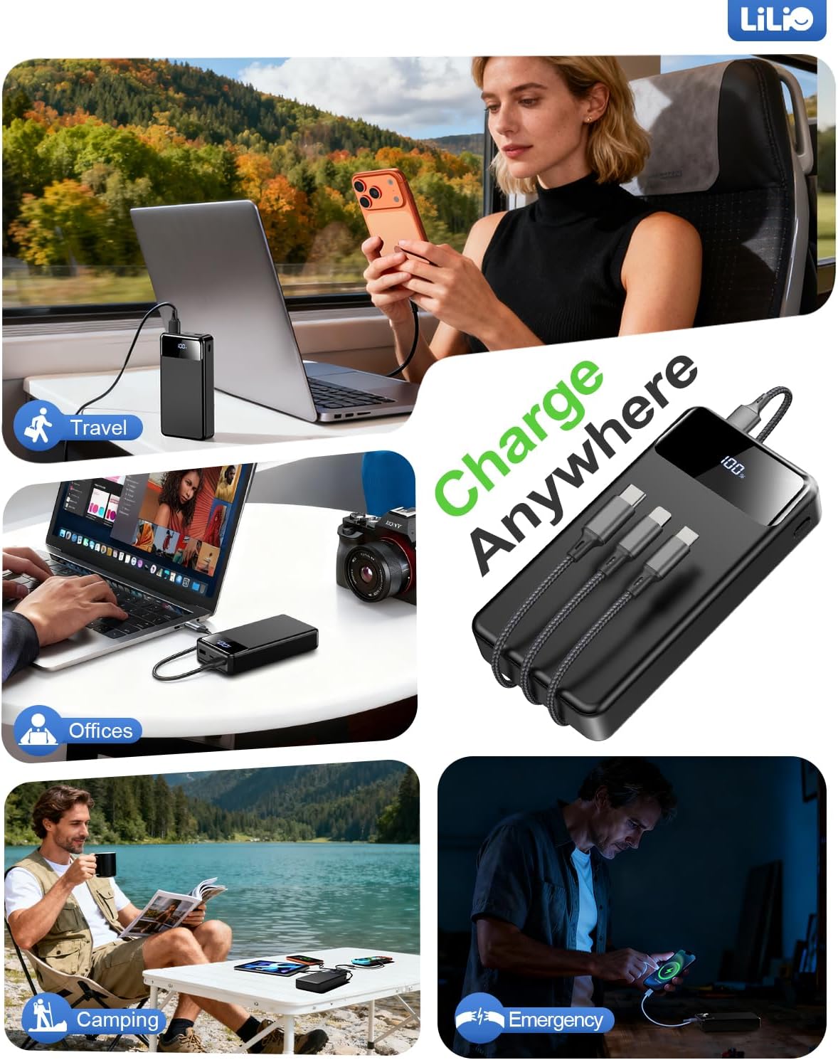 LILIO Portable Charger Power Bank,60,000mAh Battery Pack, 22.5W Power Bank Fast Charging with USB Cable, Phone Charger for iPhone 17/16/15/14/13 All Series/Samsung/Android, Camping Essentials, Black