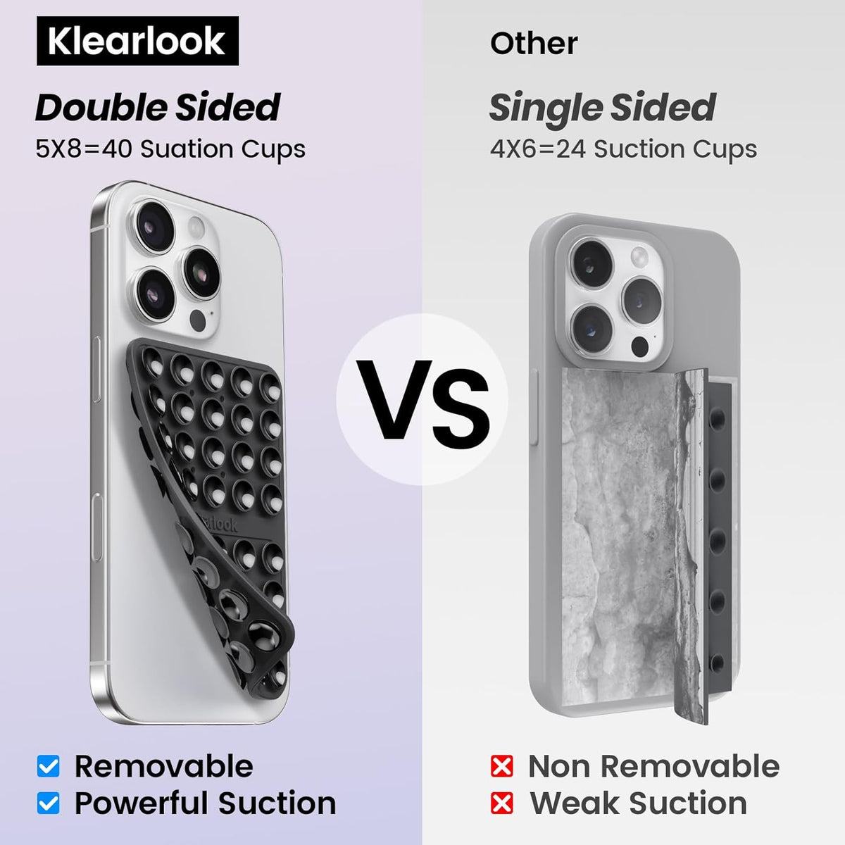 Klearlook Silicone Suction Cup Phone Case Mount Double Sided, Sticky Phone Grip with Higher Suction Power for Cell Phone, Hands-Free Phone Accessories Holder for Selfies and Videos, Transparent