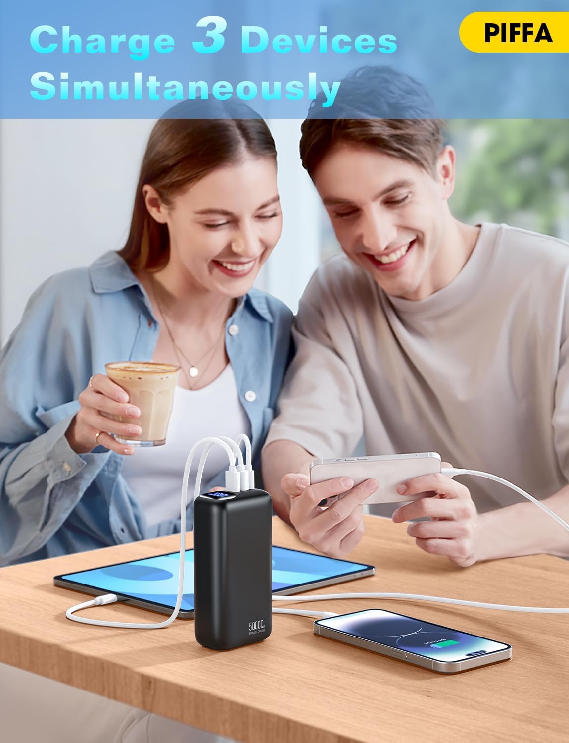 PIFFA Portable Charger Power Bank - 50000mAh Battery Pack, 22.5W Fast Charging Powerbank,Travel Essential for Portable Phone Charger, USB-C Phone Charger for iPhone 17/16/15/14/13 Samsung Google etc