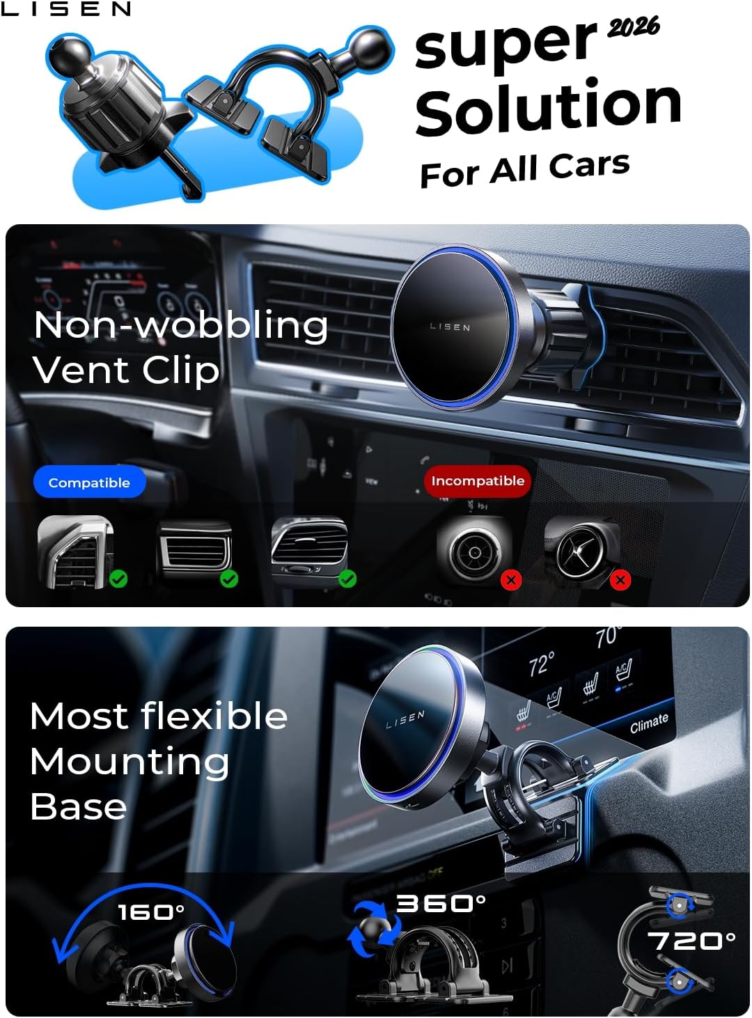 LISEN for 15W MagSafe Car Mount Charger,Magnetic Wireless Cars Charger,Magnetic Phone Holder for Cars,Phone Holders for Your Car Accessories for Women Men Jeep Ford F150 for iPhone 17-12,Samsung,Pixel