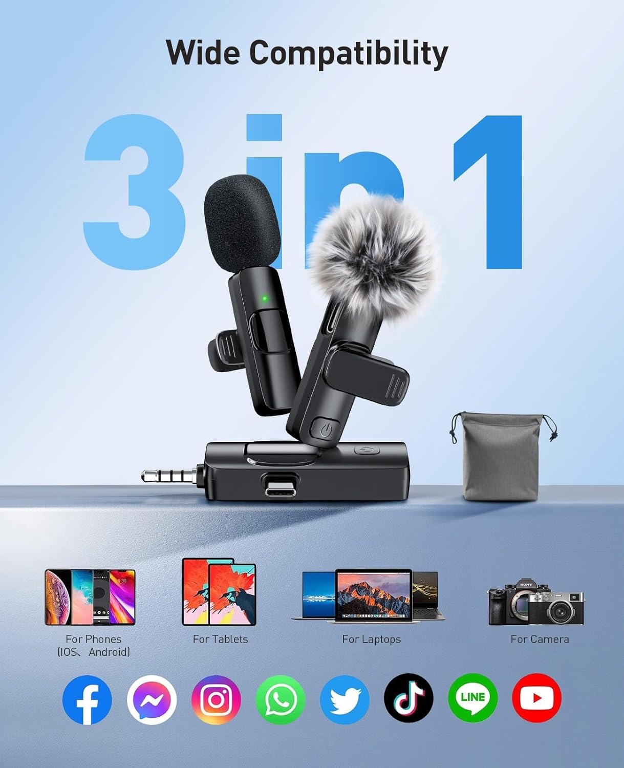 3-in-1 Wireless mic for iOS/Android/Camera