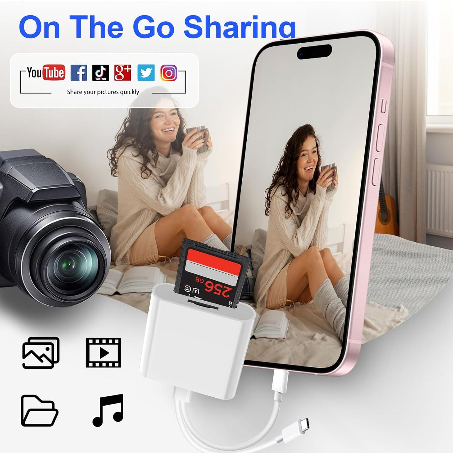 Denlane SD Card Reader for iPhone iPad, USB C & Lightning Dual Interface Memory Card Reader, Digital Camera Adapter to iPhone/MacBook/USBC Laptop for SD/TF/Sim Card, Plug & Play, Camera Accessories