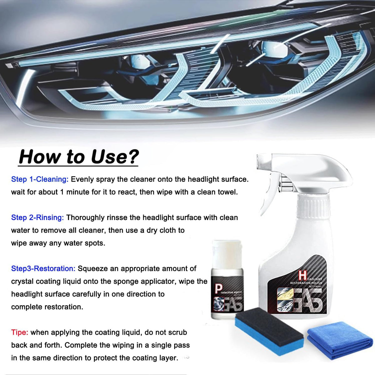 Car Headlight Restoration Polishing Kits Headlamp Repair Kits Car Light Polisher Cleaning Kits Ceramic Coating Spray Shiny Stuff Headlight Cleaner-6.3Fl.Oz