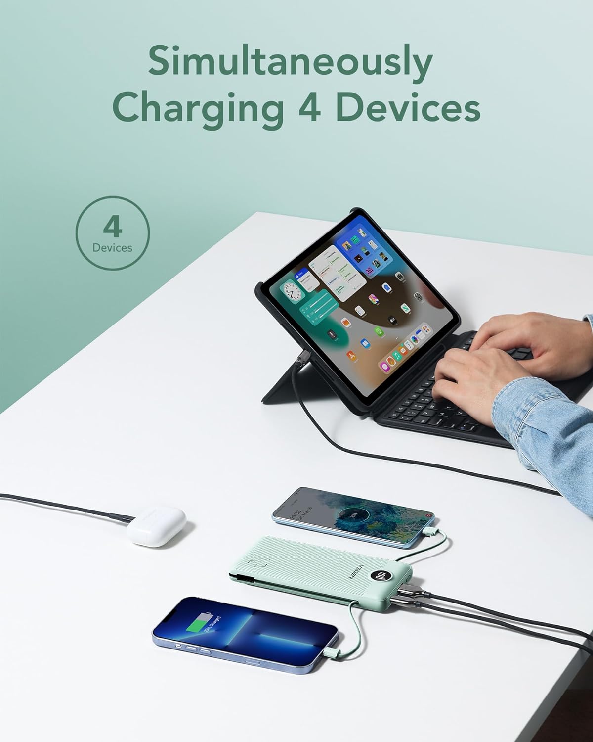 VEGER Portable Charger, Ultra Slim Power Bank Built in Wall Plug and Cables | 10000mAh All in One USB C External Battery Pack, Travel Essentials, Compatible with iPhone, iPad, Samsung, Android, Green