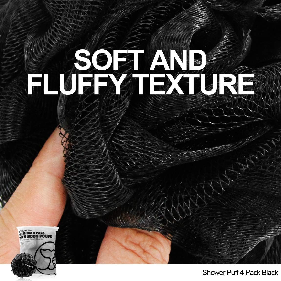 Loofah Bath Sponges - Black Gentle Exfoliating Shower Loofah for Rich Lather, Durable Mesh Body Scrubber for Men & Women 4 Pack