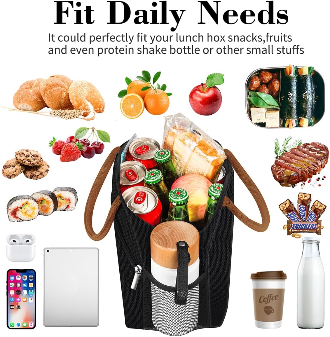 Coobiiya Lunch Box Lunch Bag for Women Men,Reusable Cute Lunch Pail bag,Leakproof,Insulated LunchBox Tote Compact 10L, Cooler Lunch Container for Work Travel Office (Black)
