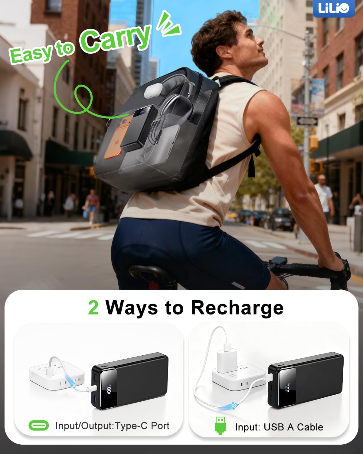 LILIO Portable Charger Power Bank,60,000mAh Battery Pack, 22.5W Power Bank Fast Charging with USB Cable, Phone Charger for iPhone 17/16/15/14/13 All Series/Samsung/Android, Camping Essentials, Black