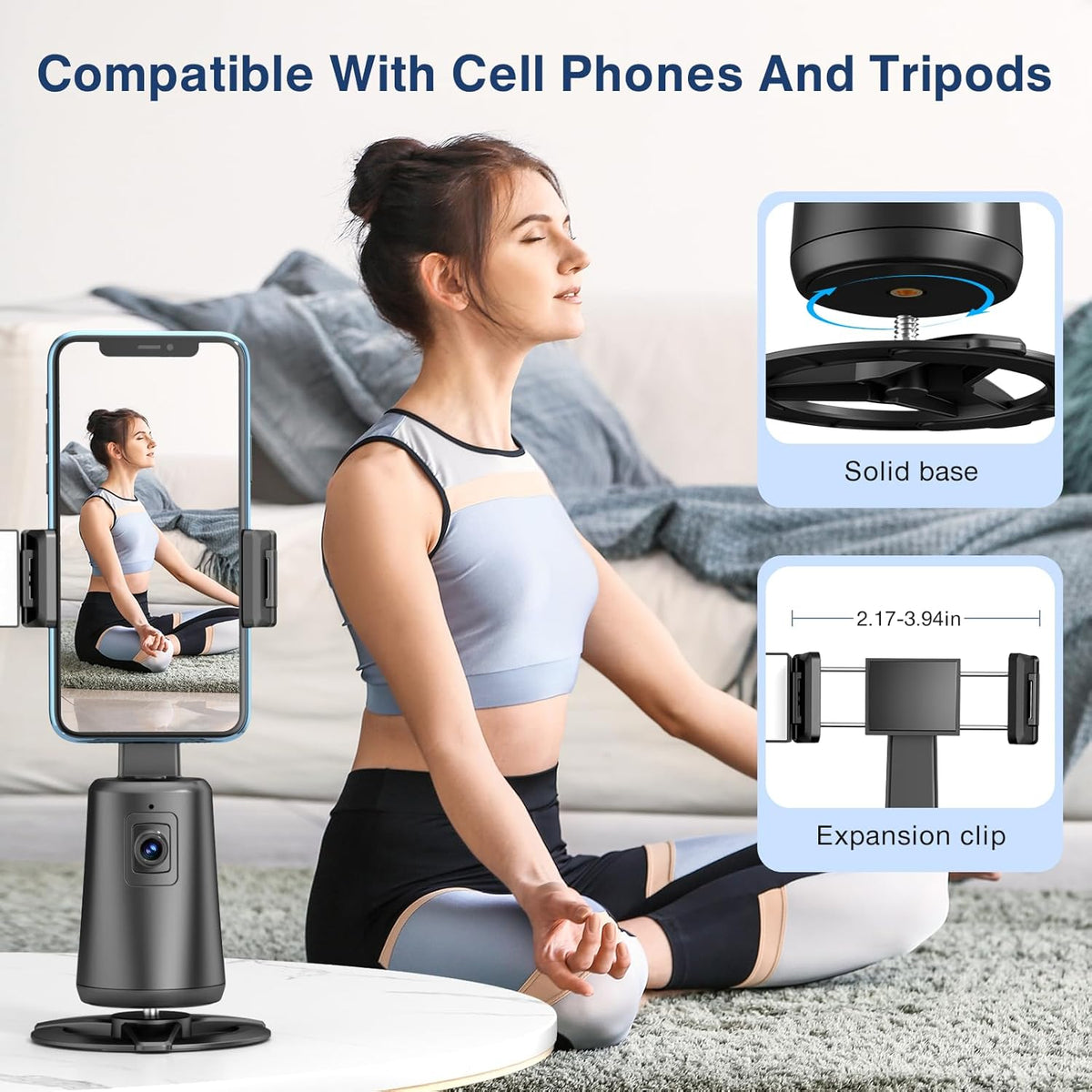 Auto Face Tracking Tripod 360° Rotating Cell Phone Photo and Video Kits Stand, No App, Camera Stand with Remote and Gesture Control, Rechargeable Smart Shooting Stand for Live Recording Tiktok(Black)