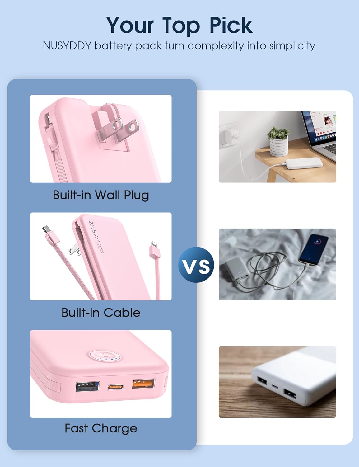 Portable Charger, 12000mAh 22.5W Fast Charging Power Bank with Built-in Cables & Wall Plug, Travel Essentials External Battery Pack, USB C Battery Phone Charger for iPhone, iPad, Samsung Pink