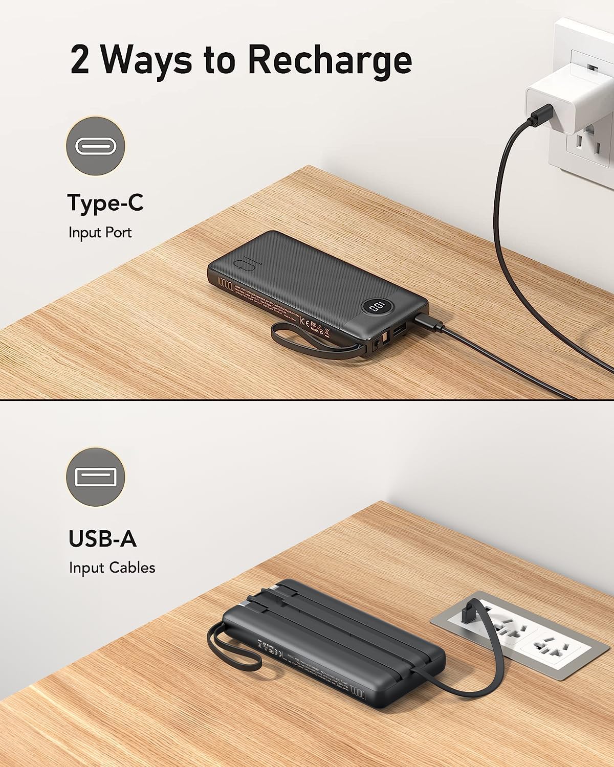 VEEKTOMX 10000mAh Portable Charger with 4 Built-in Cables | Slim Power Bank, USB-C Battery Pack with iPhone & Micro USB, TSA Approved Travel Charger for iPhone, Samsung, Android, Black