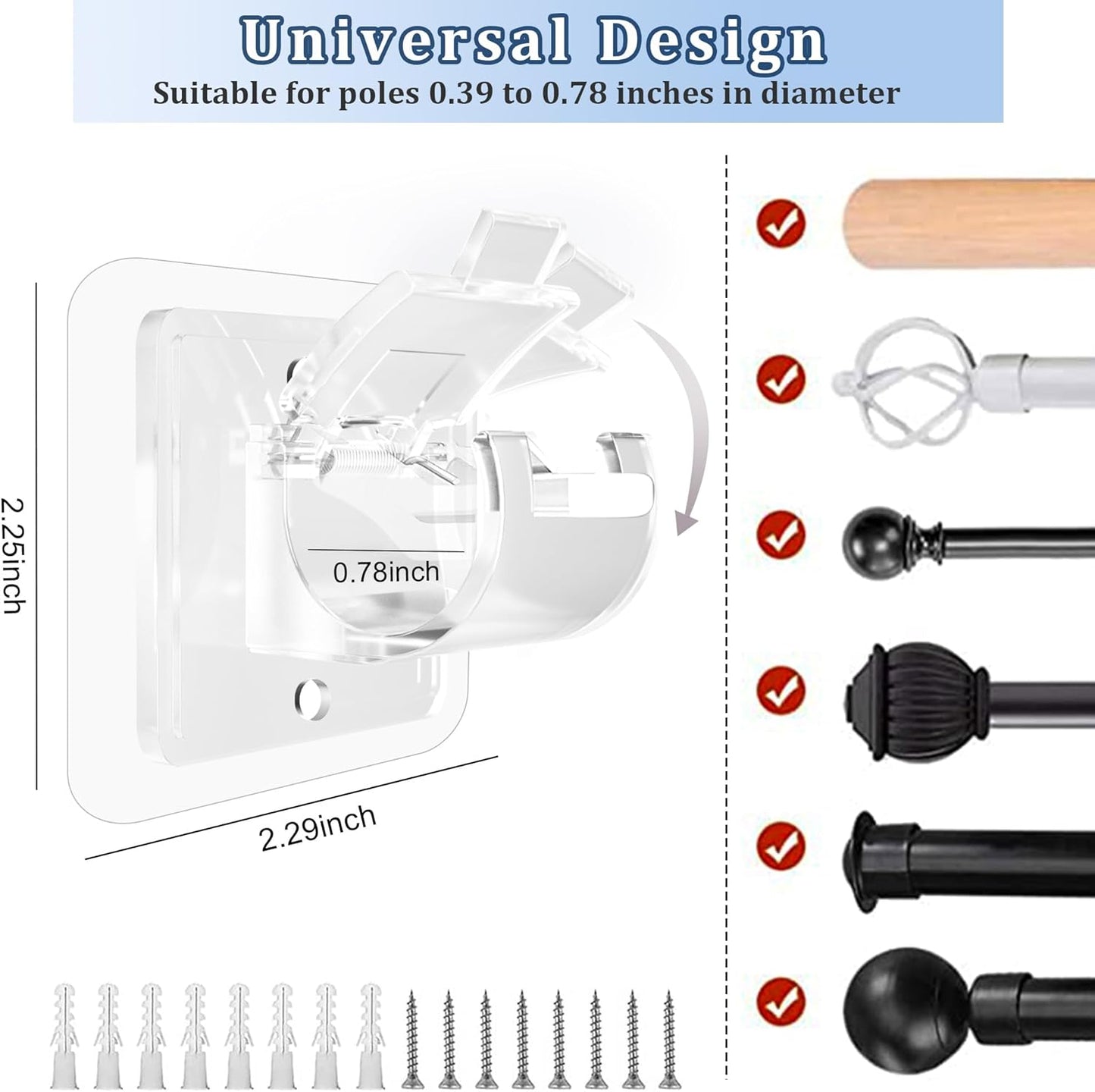 Codoule Self Adhesive No Drill Adjustable Curtain Rod Holder Hooks Brackets, Nail Free, No Drilling Hangers for Bathroom, Kitchen, Home, Bathroom and Hotel, Transparent, 8PCS