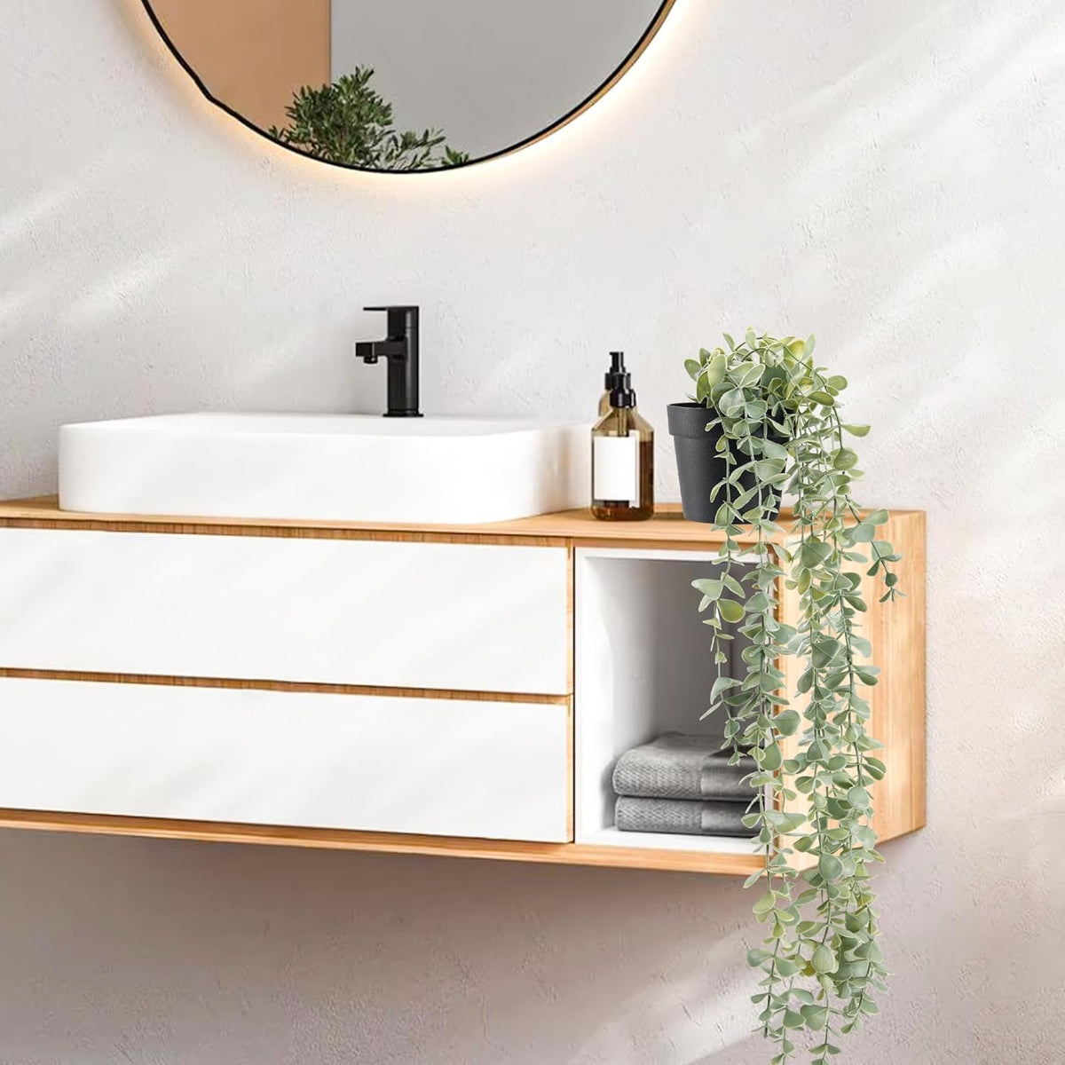 Der Rose 1Pcs Fake Plants Hanging Artificial Potted Faux Eucalyptus Plants for Modern Boho Farmhouse Bathroom Office Desk Wall Book Shelf Living Room Aesthetic Decor Indoor