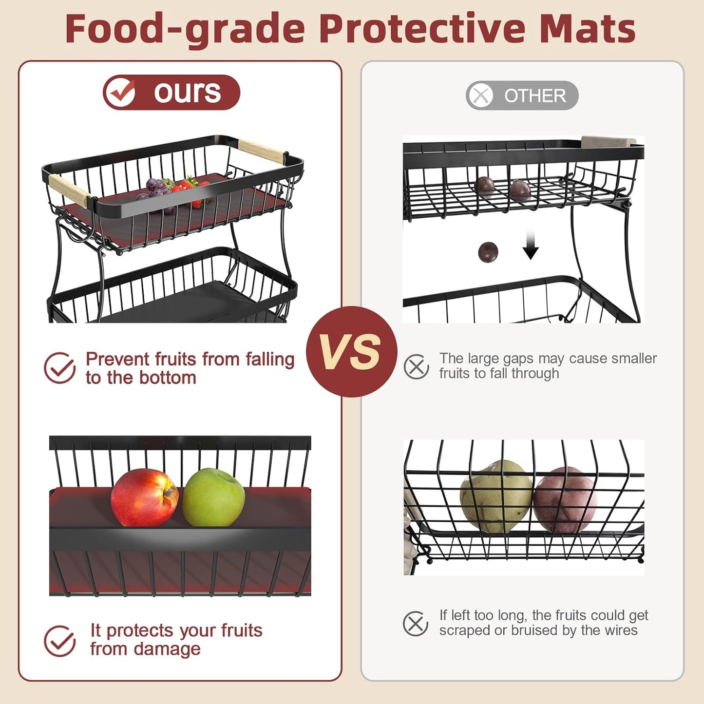 2 Tier Large Fruit Basket for Kitchen Counter with 2 Mobile Banana Hangers, 2026 Pro Detachable Metal Fruit Bowl with Wooden Handle, Fruit Holder for Bread Snack Veggies with Protective Mats