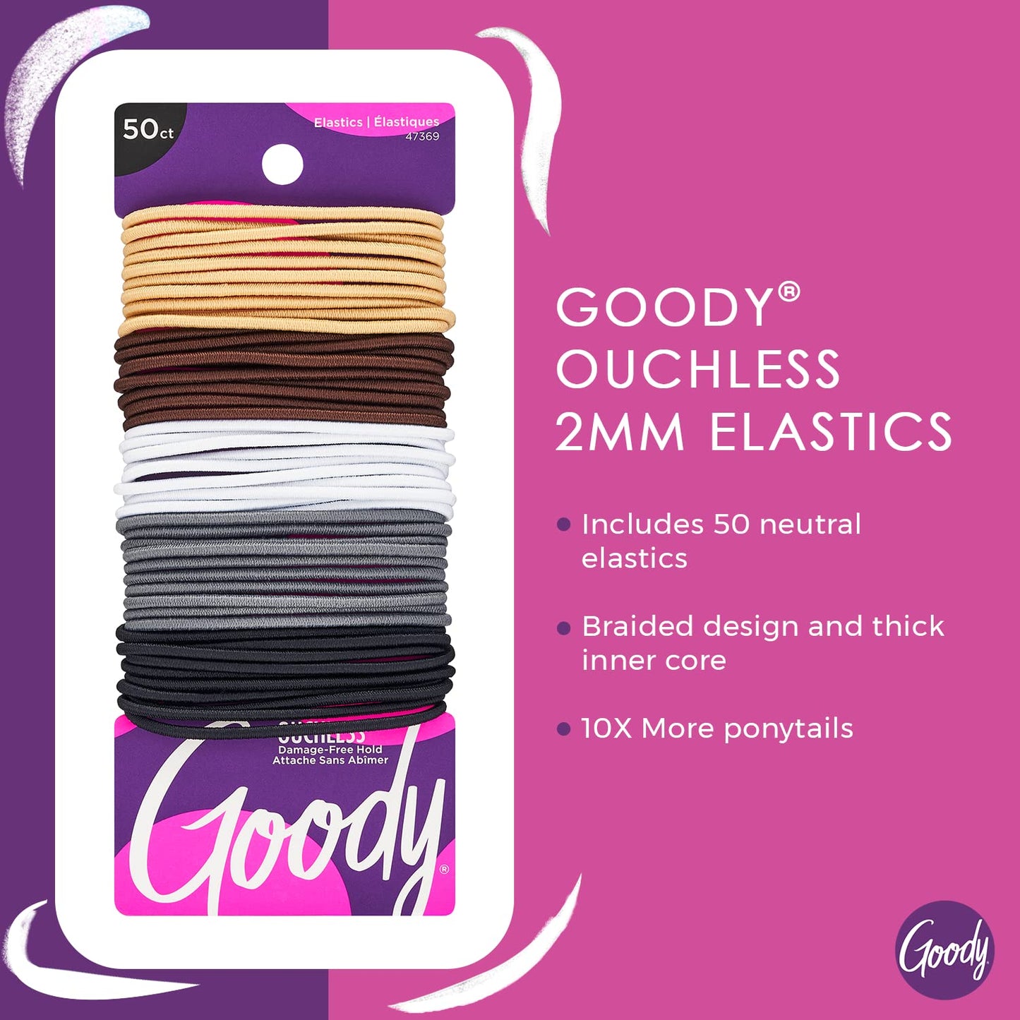 Goody Ouchless Hair Elastics – No Pull, No Breakage, Tangle-Free Hold for Fine Hair – 50 Count, Assorted Neutrals, Long-Lasting Ponytail Holders for Women & Men