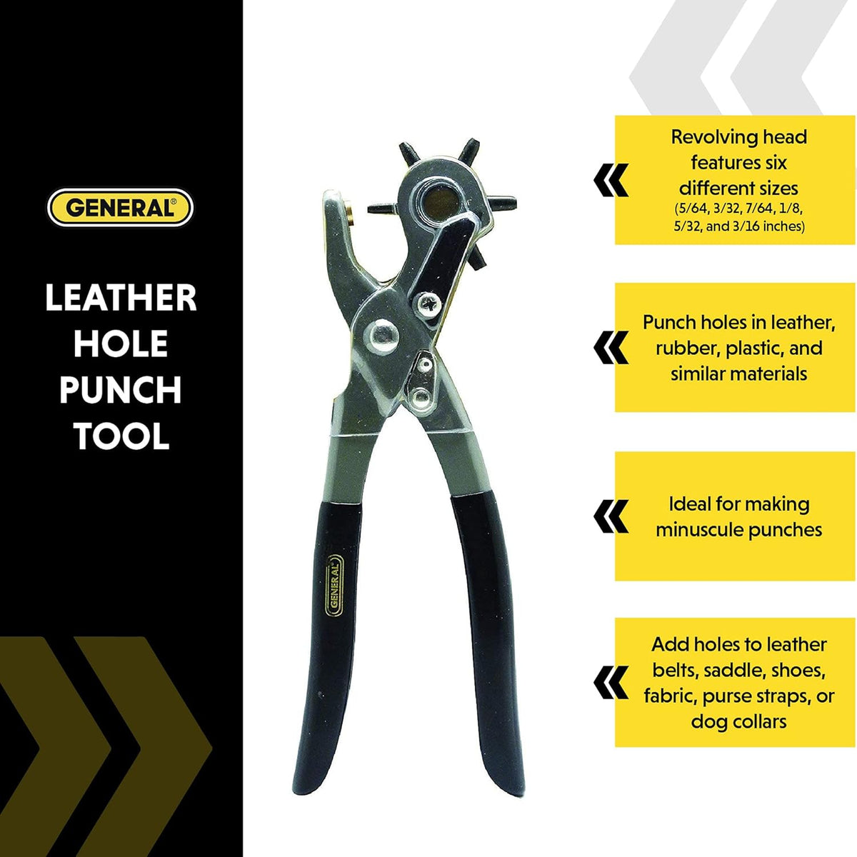 General Tools Leather Hole Punch Tool - 6 Multi-Hole Sizes for Leather, Rubber, & Plastic - Hobbies & Crafts 8.5 inches