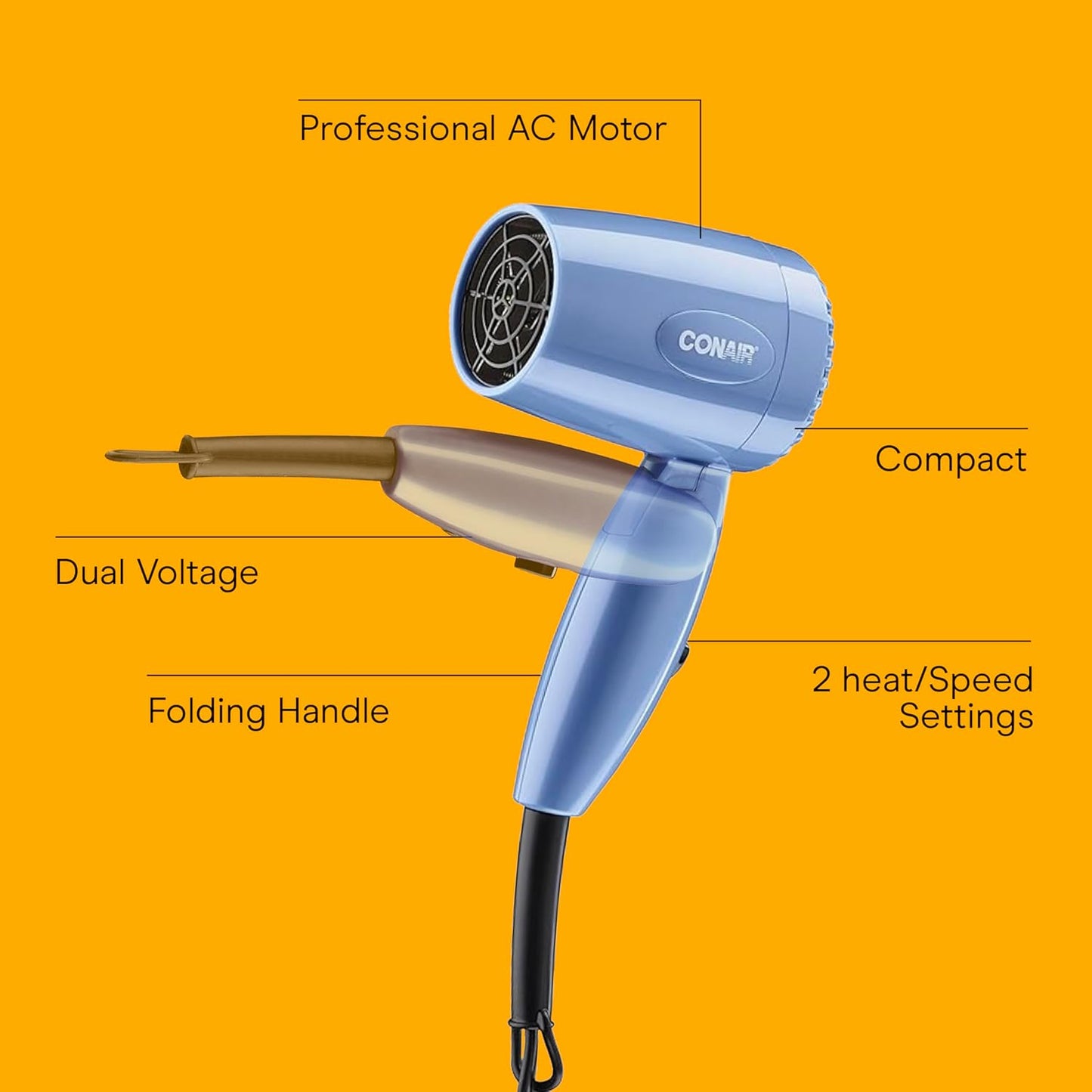 Conair Travel Hair Dryer with Dual Voltage, 1600W Compact Blow Dryer with Folding Handle, Blue